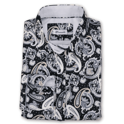 Grenouille Long Sleeve Black and Grey Paisley Print Shirt