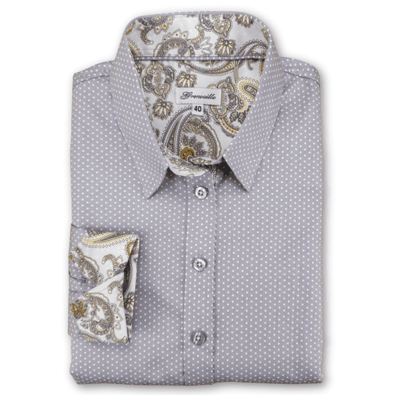 Grenouille Long Sleeve Grey & White Polka Dot Shirt with Paisley Details