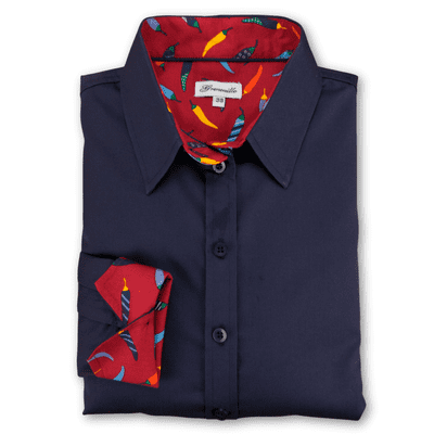 Grenouille Long Sleeve Navy Twill Shirt with Colourful Chilli Accents