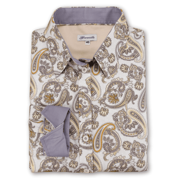 Grenouille Long Sleeve Silver Grey & Cream Beige Paisley Shirt