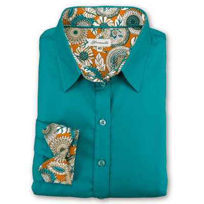 Grenouille Long Sleeve Teal Shirt with Orange 60s Floral Accents
