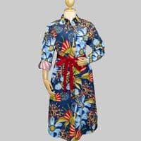 Grenouille Navy, Red and Blue Floral Print Long Sleeve Calf Length Shirt Dress