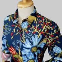 Grenouille Navy, Red and Blue Floral Print Long Sleeve Calf Length Shirt Dress