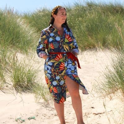Grenouille Navy, Red and Blue Floral Print Long Sleeve Calf Length Shirt Dress