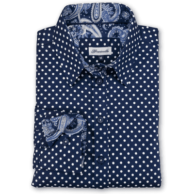 Grenouille Navy & White Polka Dot Shirt With Paisley Accents