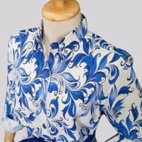 Grenouille White and Blue Paisley Scroll Print Long Sleeve Calf Length Shirt Dress