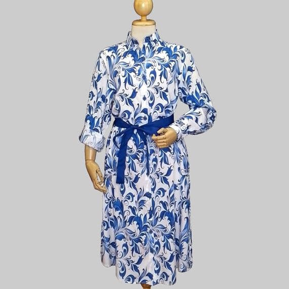 Grenouille White and Blue Paisley Scroll Print Long Sleeve Calf Length Shirt Dress
