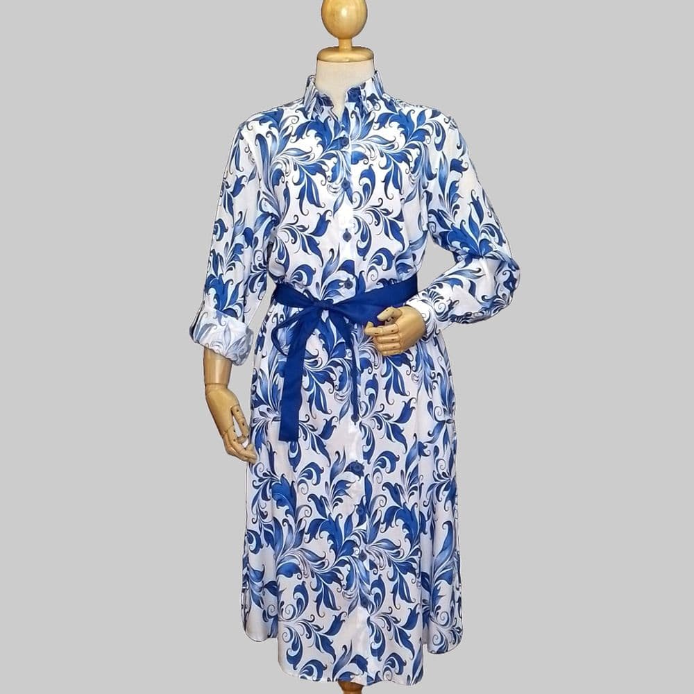 Grenouille White and Blue Paisley Scroll Print Long Sleeve Calf Length Shirt Dress Grenouille White and Blue Paisley Scroll Print Long Sleeve Calf Length Shirt Dress