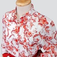 Grenouille White and Red Rose Print Long Sleeve Calf Length Shirt Dress