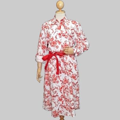 Grenouille White and Red Rose Print Long Sleeve Calf Length Shirt Dress