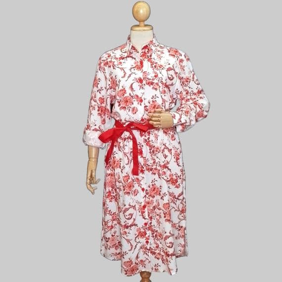 Grenouille White and Red Rose Print Long Sleeve Calf Length Shirt Dress