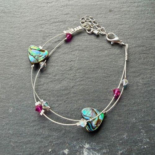 Bracelet - Floating Paua Heart & Cut Glass Crystal Fuchsia PB07-H-FU