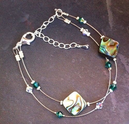 Bracelet - Floating Paua & Cut Glass Crystal Emerald PB07-DEM