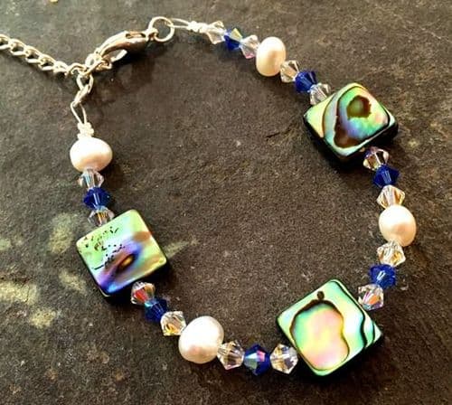 Bracelet - Paua, Freshwater Pearl & Cut Glass Crystals Sapphire PB10C-QSA