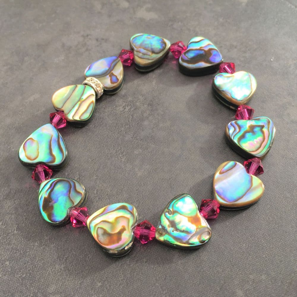Bracelet - Paua Heart & Cut Glass Crystal Fuchsia PB02-HFU1