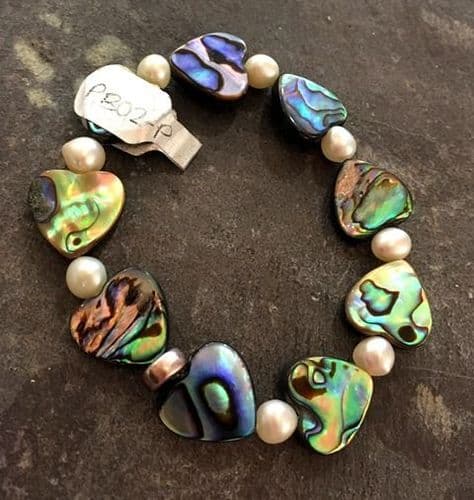 Bracelet - Paua Hearts & Freshwater Pearl - PB02-PH