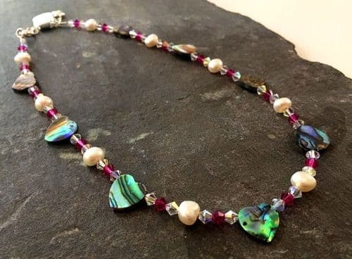 CHOOSE YOUR SHAPE & CRYSTAL COLOUR!Paua, Freshwater Pearl & Cut Glass Crystal Necklace STYLE 2 PN10C