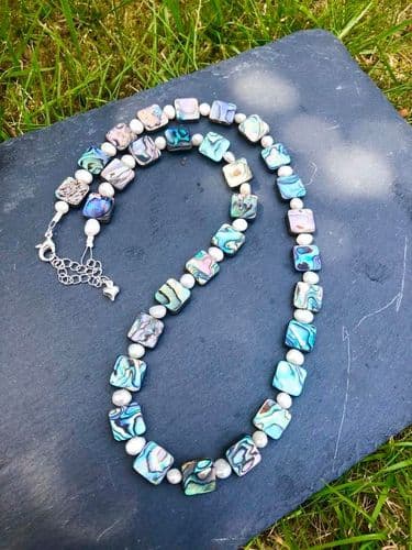 CHOOSE YOUR SHAPE! Paua & Freshwater Pearl Long Necklace PFN13 24"
