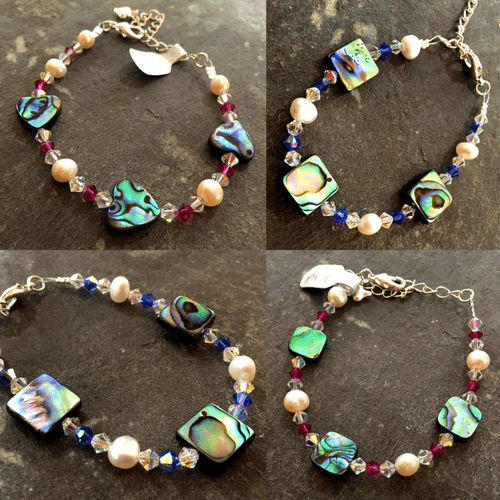 CUSTOMISABLE: Paua, Freshwater Pearl & Coloured Cut Glass Crystal Bracelet PB10C
