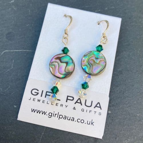 CUSTOMISABLE PE01-LONG Paua & Cut Glass Crystal Long Earrings *change paua shape, crystal colour*