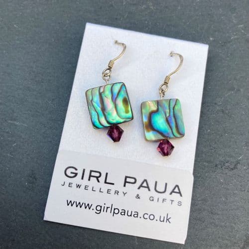 CUSTOMISABLE PE01-SHORT Paua & Cut Glass Crystal Earrings *change paua shape & crystal colour*