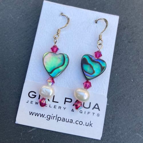 CUSTOMISABLE PE10 Paua, Pearl & Cut Glass Crystal Earrings *change paua shape & crystal colour*