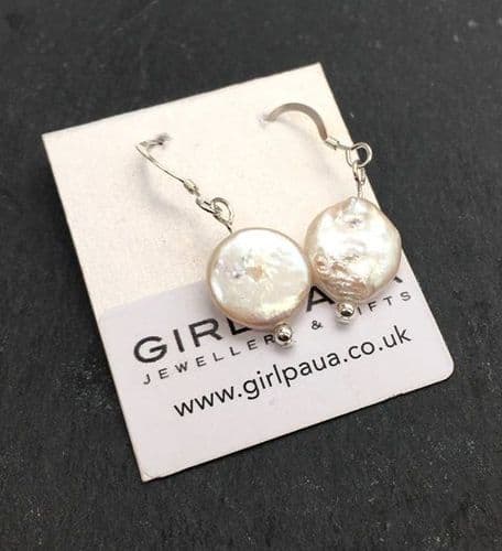 Earrings - Freshwater Pearl Coin & Silver Ball Earrings