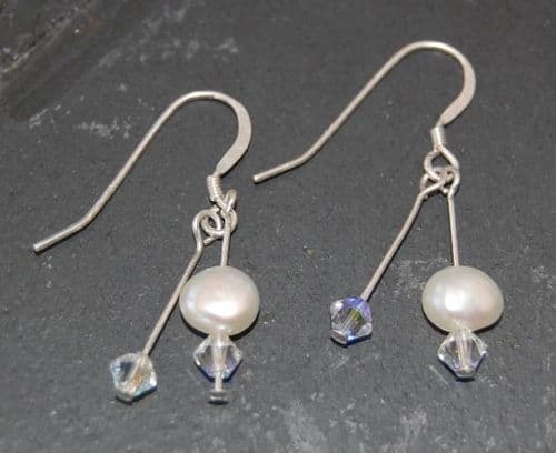 Earrings - Freshwater Pearl & Crystal Double Drop Earrings