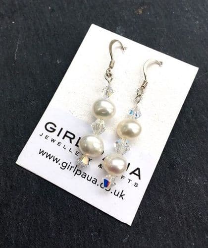 Earrings - Freshwater Pearl & Crystal Long Earrings