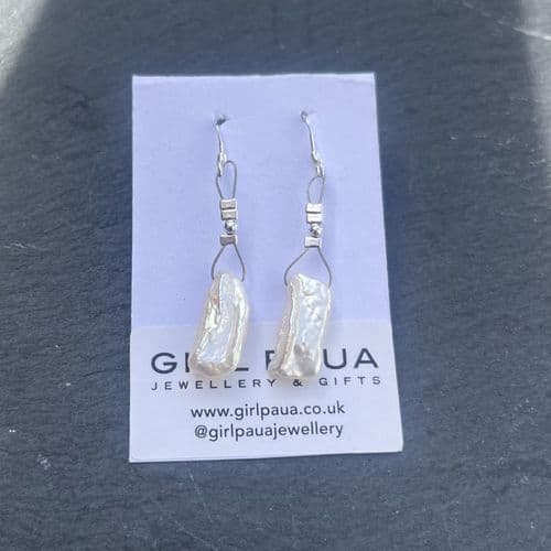 Earrings - Freshwater Pearl Organic Shape & Silver Ball Earrings