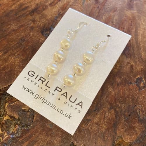 Earrings - Freshwater Pearl & Silver Ball Earrings Triple