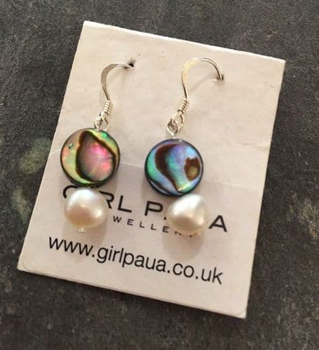 Earrings - Paua Circles & Freshwater Pearls - PE02-PC