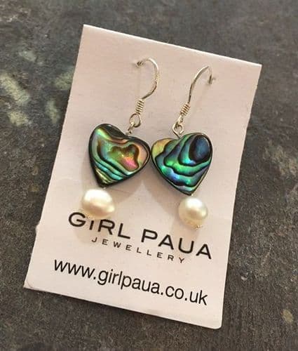 Earrings - Paua Hearts & Freshwater Pearls - PE02-PH