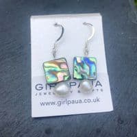Earrings - Paua Squares & Freshwater Pearls - PE02-PQ