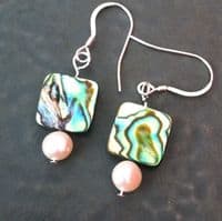 Earrings - Paua Squares & Freshwater Pearls - PE02-PQ