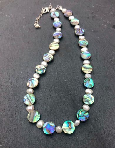 Necklace - Paua Circles & Freshwater Pearls - PFN13 Circle