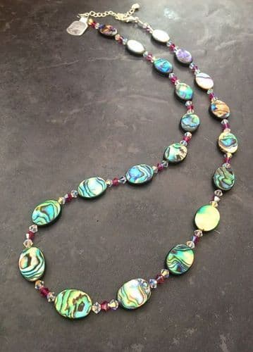Necklace - Paua & Cut Glass Crystals PN08 Oval Fuchsia/Clear 24