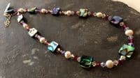 Necklace - Paua, Freshwater Pearl & Cut Glass Crystals PN10C Square Fuchsia