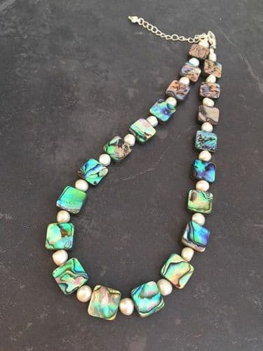Necklace - Paua Squares & Freshwater Pearls - PFN13-Q