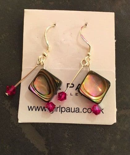 PE01-DD-D Paua Diamond & Cut Glass Crystal Earrings DOUBLE DROP (FU)