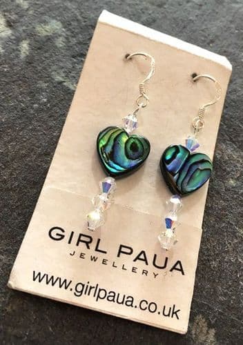 PE01-H-L Paua Heart & Cut Glass Crystal Earrings LONG *change crystal colour*