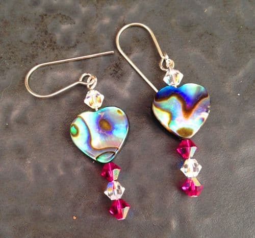 PE01-H-L Paua Heart & Cut Glass Crystal Earrings LONG (FU/AB)