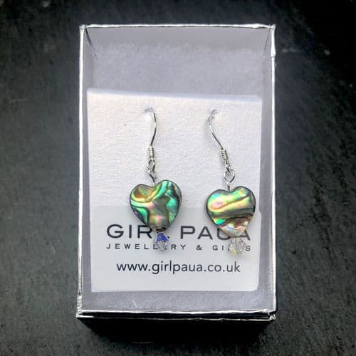 PE01-H-S Paua Heart & Cut Glass Crystal Earrings - SHORT *change crystal colour*