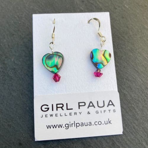 PE01-H-S Paua Heart Small & Cut Glass Crystal Earrings SHORT (FU)