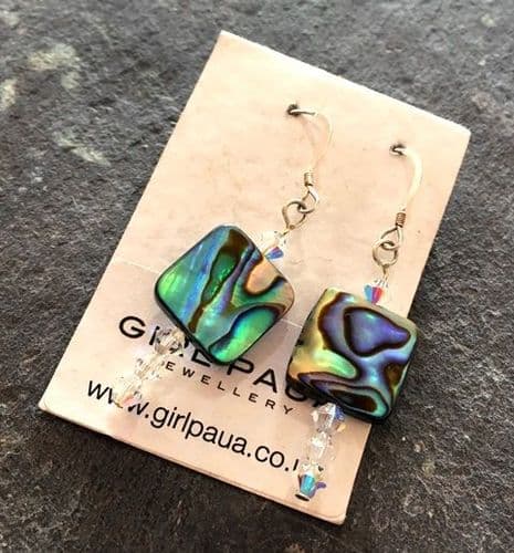 PE01-Q-L Paua Square & Cut Glass Crystal Earrings LONG (AB)