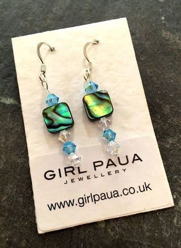 PE01-Q-L Paua Square & Cut Glass Crystal Earrings LONG (AQ/AB)