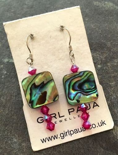 PE01-Q-L Paua Square & Cut Glass Crystal Earrings LONG (FU)