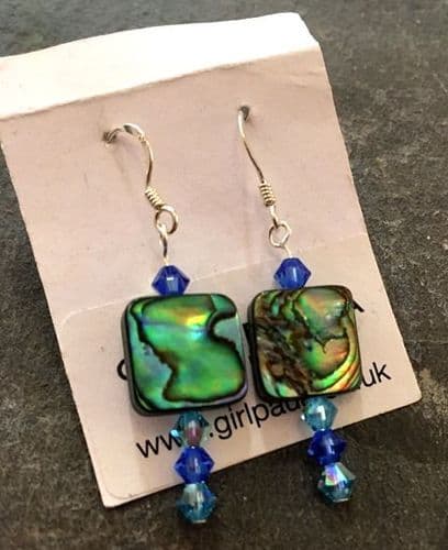 PE01-Q-L Paua Square & Cut Glass Crystal Earrings LONG (SA)