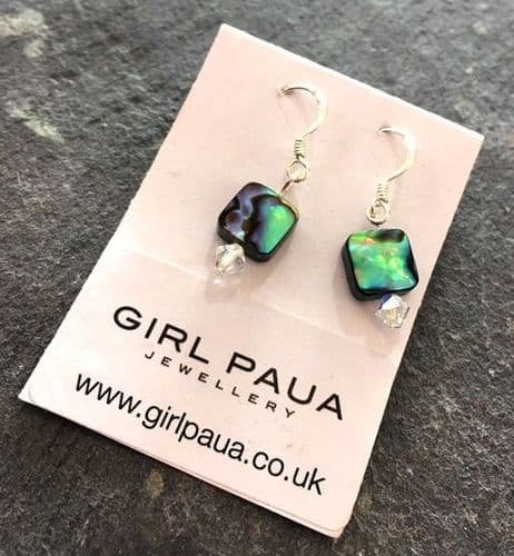 PE01-Q-S Paua Small Square & Cut Glass Crystal Earrings SHORT (AB)