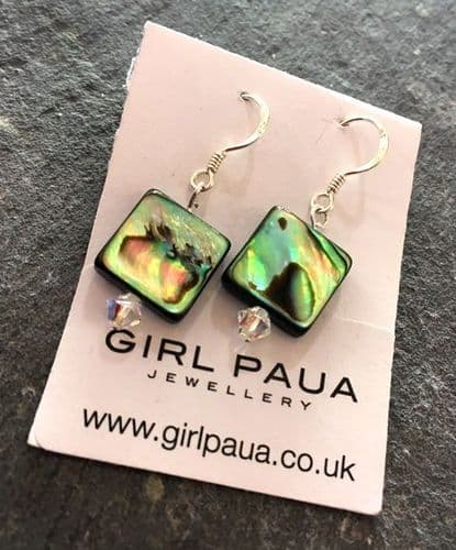 PE01-Q-S Paua Square & Cut Glass Crystal Earrings SHORT (AB)